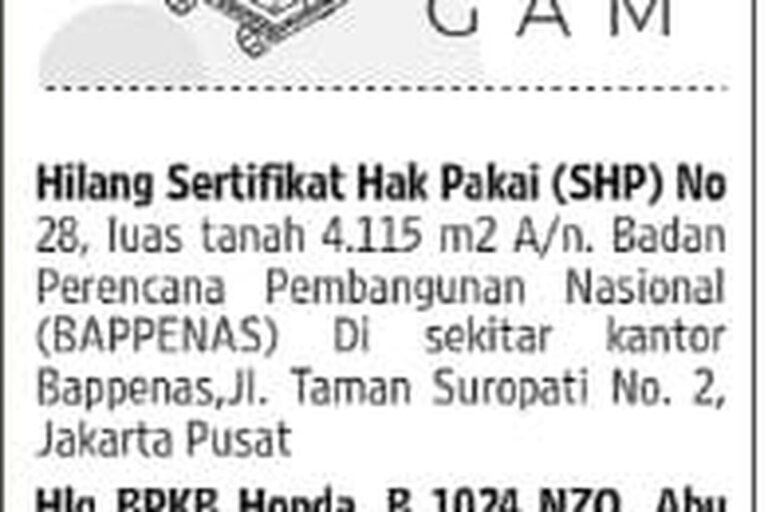 Sertifikat Tanah Bappenas Hilang, Jenisnya Hak Pakai