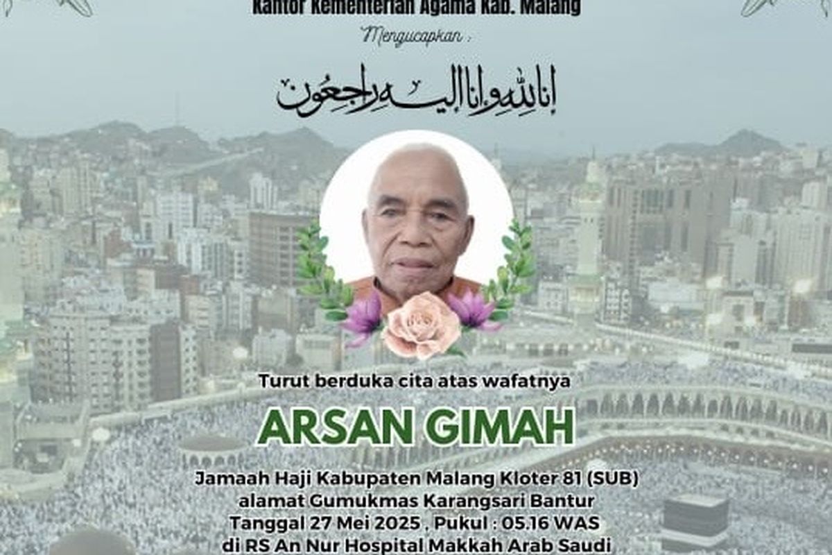 Satu Jamaah Haji Asal Malang Dilaporkan Meninggal Dunia di Makkah